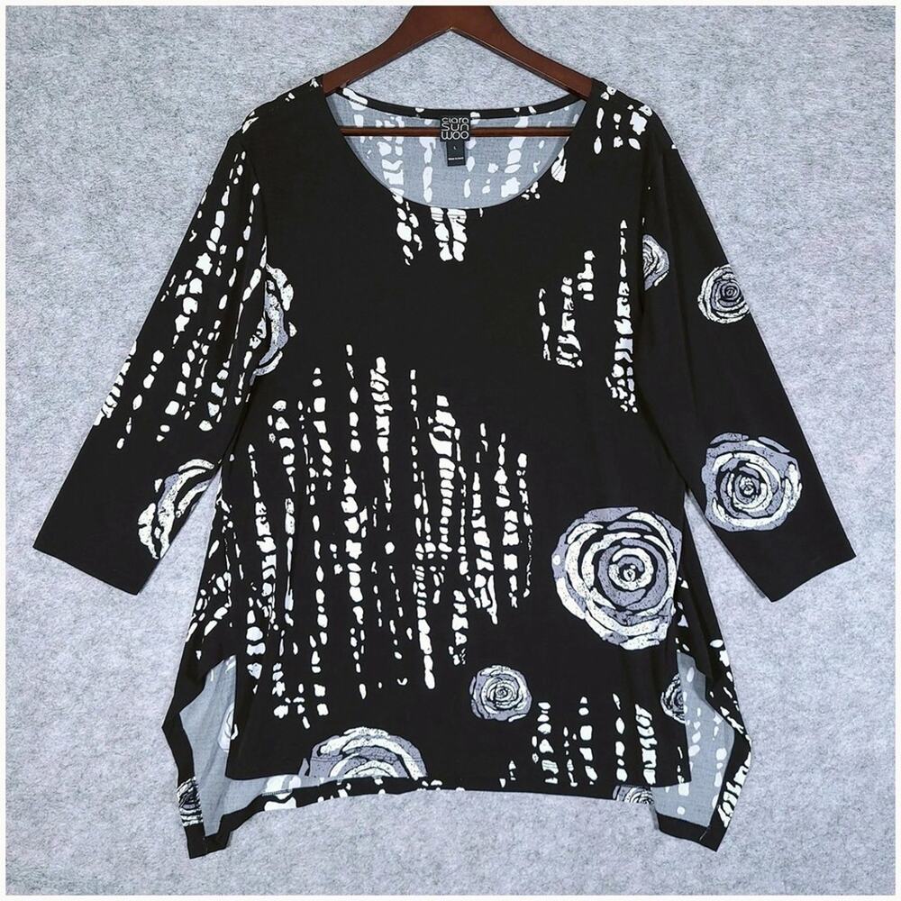 Clara Sunwoo Floral Tunic Top Large Lagenlook Boho Artsy Stretch Parachute Hem